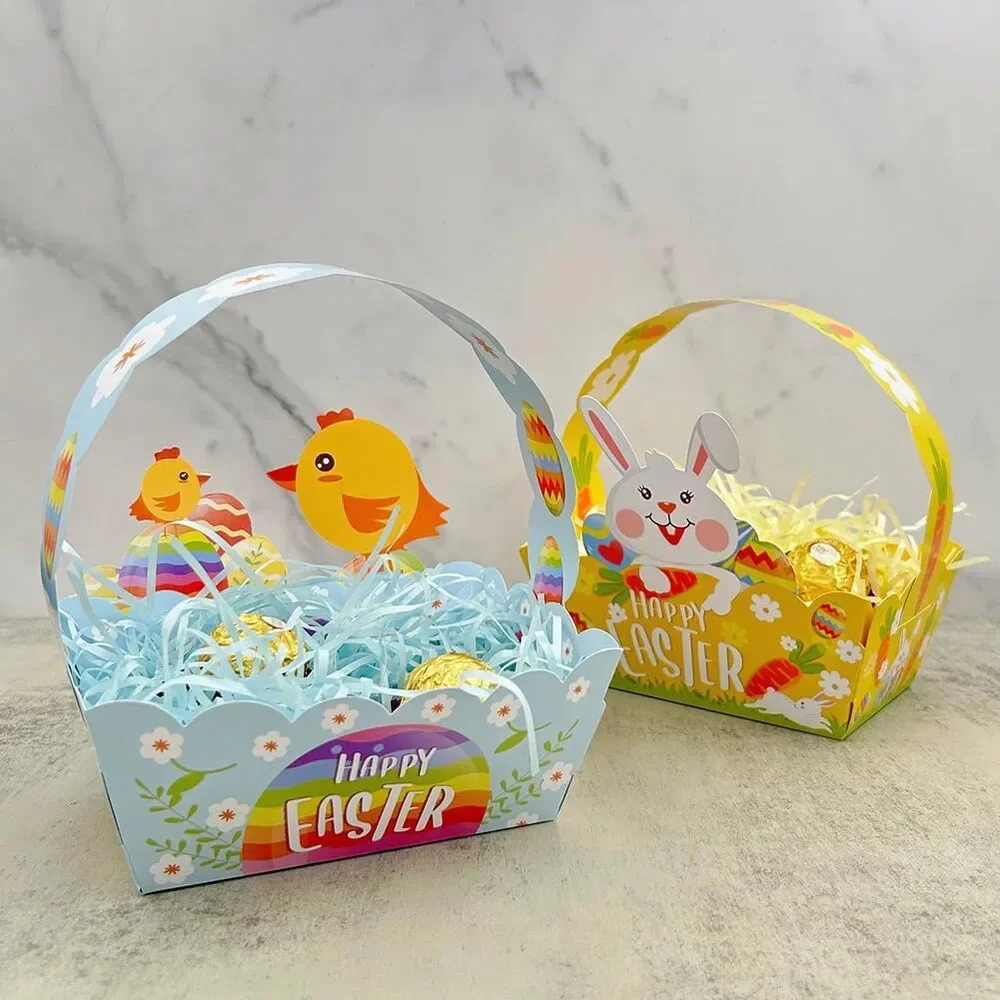 12pcs Easter Treat Boxes Paper Baskets w/ Handle Kids Egg Hunt Party Favors